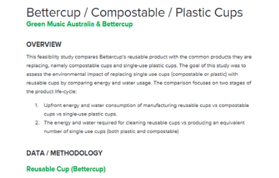 Green music australia's independent report comparing reusable cups, compostable cups and plastic cups. Cover page of the report shown with a download button below.