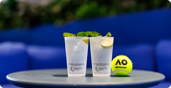 Reusable cups from Sustainability Victoria at the Australian Open trial of reusable food dishes and cups at large sporting event.
