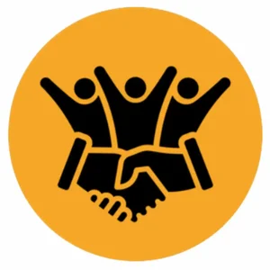 Icon showing 3 people and handshake in front of it representing patron engagement with reusable cup systems