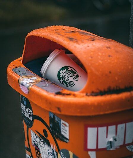 Starbucks single use coffee cup in bin showing the environmental impact of single use and compostable coffee cups